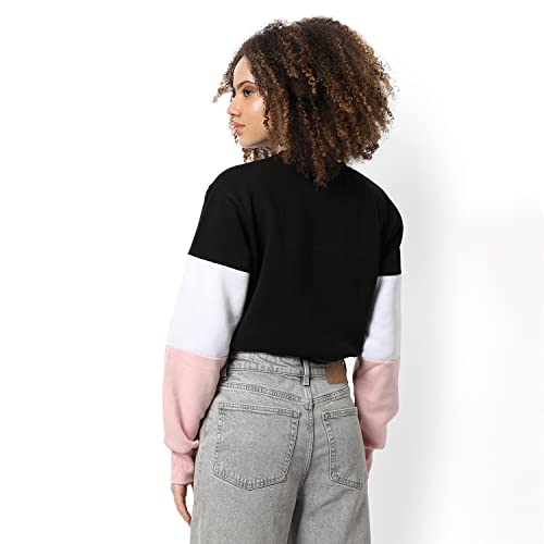 Image of Campus Sutra Women Pink & Black Cinched Waist Regular Fit Sweatshirt for Winter Wear | Round Neck | Full Sleeves | Cotton Sweatshirt | Casual Sweatshirt for Woman | Stylish Sweatshirt for Womens