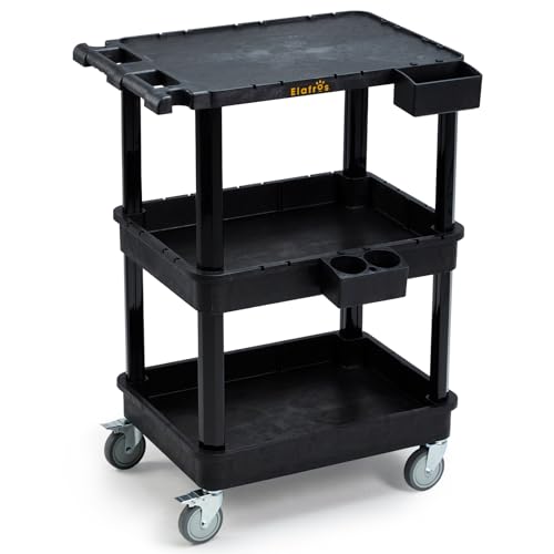 Image of ELAFROS 3-Tier Flat Top & Deep Tub Rolling Utility Cart, 27.5 x 18.25 in | 330 lbs Capacity, Heavy Duty Plastic, 4-Inch Wheels, Service Cart, Work Cart, Storage Organizer, Office Workshop Warehouse