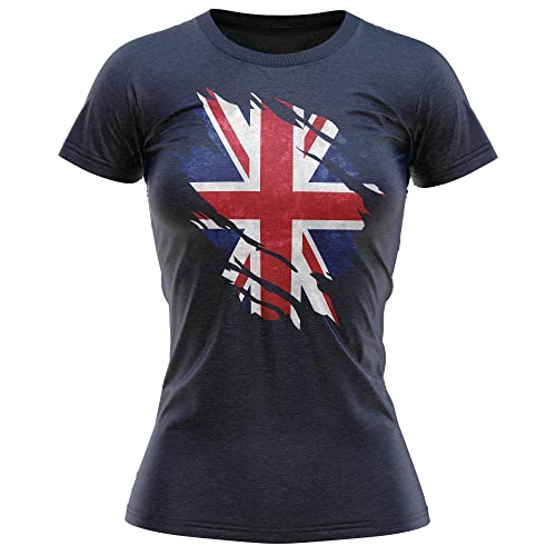 Image of Union Jack Torn Flag T Shirt, Union Jack Gifts for Women,Queens Platinum Jubilee, Royal Celebrations, XXL, Navy