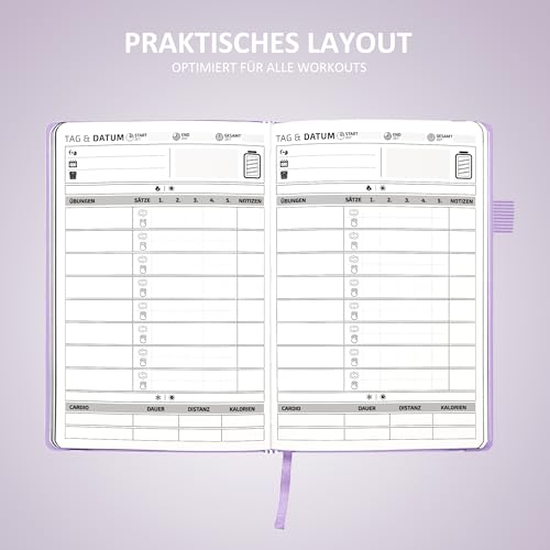 BIROYAL Trainingstagebuch Deutsch für Frauen mit 186 Workout für dein Krafttraining - Lila Undatierte Trainingsbuch - A5 Fitness Journal for Women - Abnehmtagebuch - Workout Planer für Gewichtsverlust