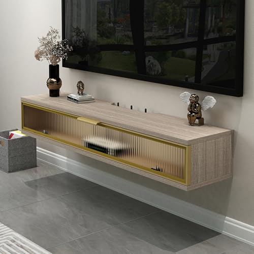 Meuble TV flottant marron clair 120 cm avec tiroirs et couvercles rabattables pour salon