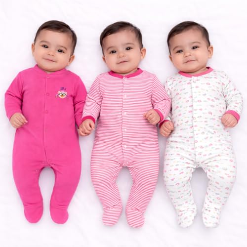 Image of VParents Rompers for New Born Baby Girl & Boy (Pack of 3), 100% Cotton Full Sleeve Romper /Bodysuit /Jumpsuit /Onesies /Sleepsuit for Infants & Toddlers, Comfortable Clothes for Babies