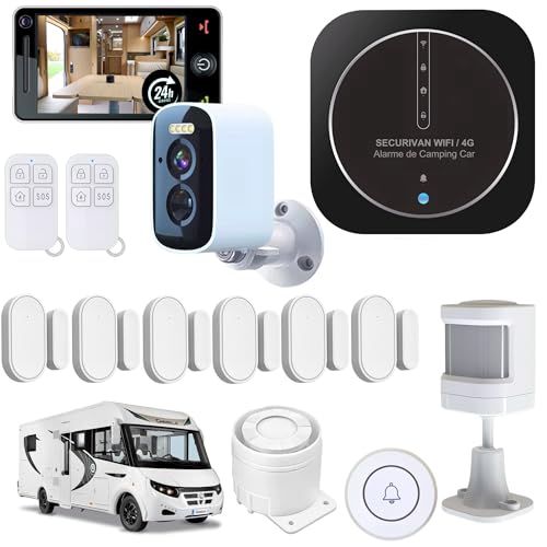 KER Group Alarme de Camping Car – WIFI/4G – Surveillance 24h/24h –1 Camèra de Surveillance Autonome – Adapté aux cloison Alu/Polyeste - 2 Sirènes -...