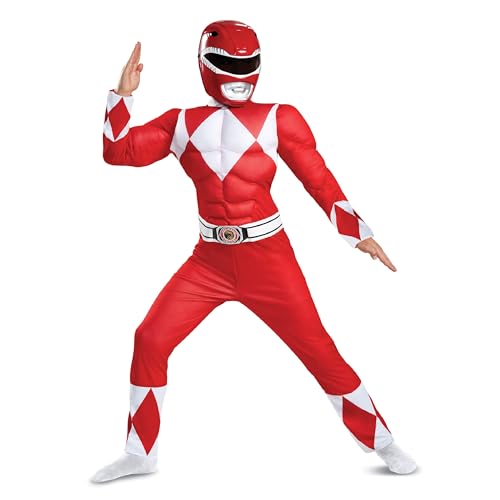 Disguise Red Ranger Muscle Costume, Official Power Rangers Costume with Mask, Kids Large/(10-12)