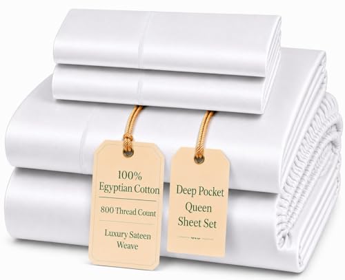 800 Thread Count Queen Sheet Set,100% Egyptian Cotton Sheets Queen Size Bed Set, Silky Sateen Weave White Sheets, Buttery Soft Durable Hotel Luxury Bed Sheets with 15' Snug Fit Deep Pockets-White