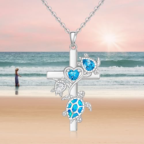 Turtle Necklace for Women Sterling Silver Blue Opal Sea Turtle Necklace Cross Mother Daughter Pendant Jewelry Charm Mothers Day Gifts4