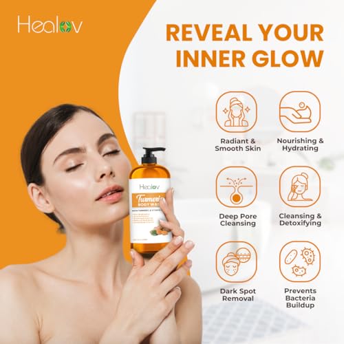 Ganskin Turmeric Body Wash – Skin Brightening Soap for Dark Spots, Hyperpigmentation – Exfoliating Turmeric Face Wash Reduces Acne, Scars, & Cleanses Skin – Natural Bath Liquid Soap