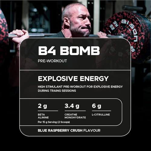 USN B4 Bomb Pre Workout Powder - 300g (20 Servings) Energy Drink Powder for Explosive Energy & Performance, 200mg Caffeine, 6000mg Citrulline, Creatine & 2000mg Beta Alanine - Blue Raspberry Flavour - Image 5