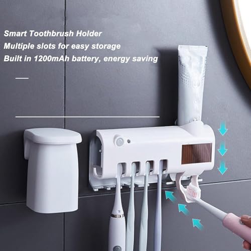 Image of UV Toothbrush Holder with Sterilizer, Multi-Slot Wall Mounted Toothbrush Stand | Drill-Free Installation | USB & Solar Charging | Bathroom Smart Storage Organizer (White)
