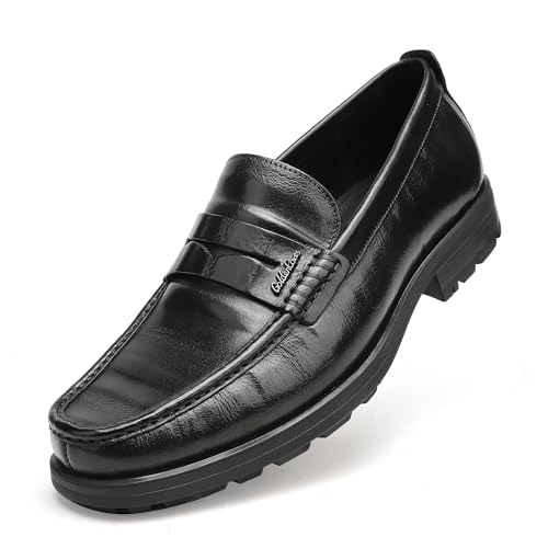 Image of Mens Leather Penny Loafers, Classic Crocodile Printed Business Dress Shoes with Metal Buckle Slip on Penny Shoes for Mens