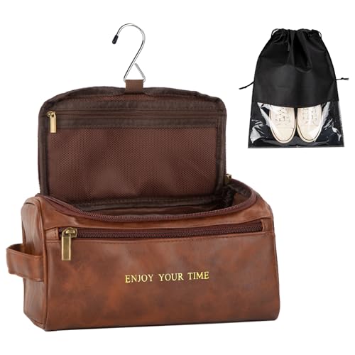 Flycalf Mens Toiletry Bag for Men ENJOY YOUR TIME Gold Foil Stamped Leather Travel Shaving Dopp Kit Groomsmen Gifts Dad Husband Boyfriend Wedding Birthday (Brown)