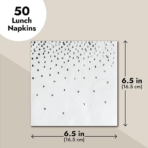 50-Pack White And Silver Paper Napkins For Wedding Reception, Foil Polka Dots For Birthday Party Decorations And Holiday Parties, Bridal Shower (3-Ply, 6.5 X 6.5 In) #TOP4