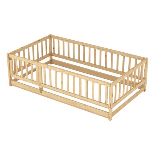 Twin Size Floor Bed with Door and Fence,Montessori Floor Bed with Safety Guardrails,Solid Wood Twin Size Floor Bed Frame for Girls Boys,Kids Montessori Bed Twin Size,Natural
