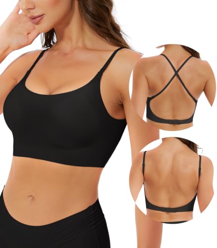 Seamless Low Back Bra Wireless Smoothing Convertible Bralette, Black, M