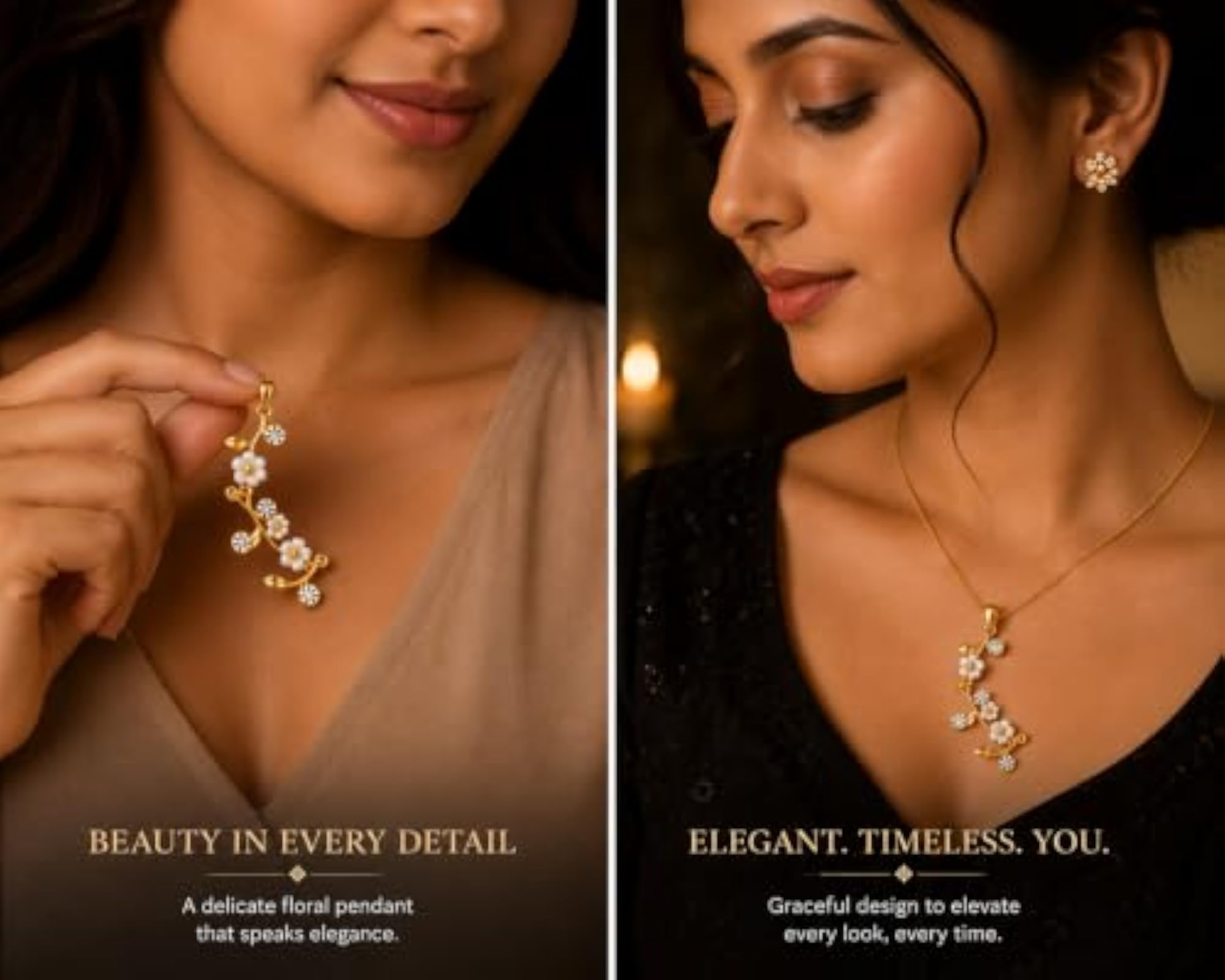 Gold Tone Floral Pendant Necklace for Women, Elegant Design
