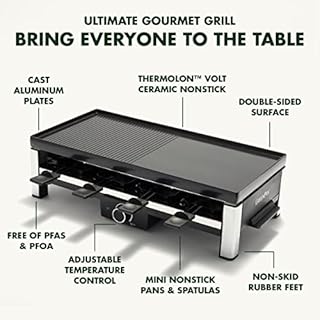 GreenPan Bistro Raclette Antiadhésif Sain San PFAS, Table Grill Électrique pour 8 Personnes, Réversible 3 en 1 Appareil à Raclette Grill et Crêpe, 8 Mini-poêlons Antiadhésifs & Spatule, Lave-vaisselle