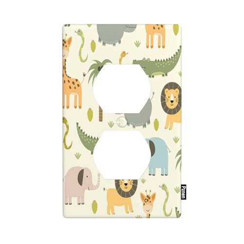 Image of Pznen Decorative Safari Cartoon Animal 1-Gang Duplex Wall Plate, Hippo Lion Elephant Giraffe Outlet Cover Plate 4.5"x 2.76" for Boys Girls Bedroom Bathroom