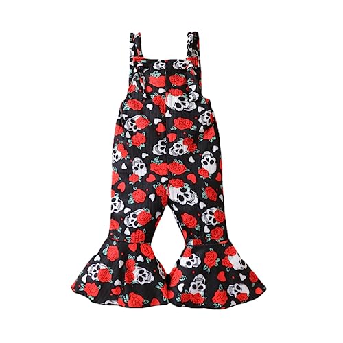 Image of Doisbetthsay Toddler Romper Baby Girl Halloween Flare Jumpsuit Ghost/Pumpkin Print Sleeveless Bell Bottom Pants Baby Overalls (Halloween B Black, 6-12 Months)