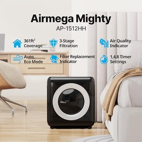 COWAY Air Purifier for Home Up to 1,748ft², HEPA Filter for Smoke, Allergies, Pet Dander, Odor, Air Quality Monitor, Auto&Eco Mode, Timer, Filter Indicator, 3yr Warranty, Mighty AP-1512HH, Black