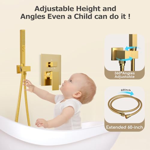 Bostingner Shower System Brushed Gold Shower Faucet Set,Five Functions Knob Diverter Rainfall Shower Faucet with 2 in 1 Handheld,10'' Ceiling Mount and 6'' Wall Mount Rainfall Shower System