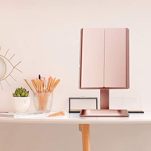 Fancii Large Makeup Mirror with Natural LED Lights, Lighted Trifold Vanity Mirror with 5x & 7x Magnifications - Dimmable Lights, Touch Screen, Cosmetic Stand - Sora (Rose Gold)