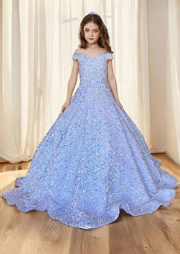 Pageant Dresses for Girls Sparkly Sequin Flower Girl Dress Princess Off Shoulder Ball Gown3