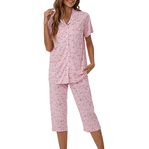 Image of Tugege Capri Pajamas Set Womens Button Down Short Sleeve Lounge Sets Sleepwear Notch Collar Top & Capri 2 Piece PJ Sets