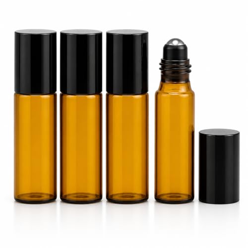 Elenviorina 4PCS 5ml Amber Glass Roller Bottles - Metal Roller Ball Roll On bottle - Essential Oil Roller Bottles - Aromatherapy Perfume Containers - Travel Refillable bottle Black