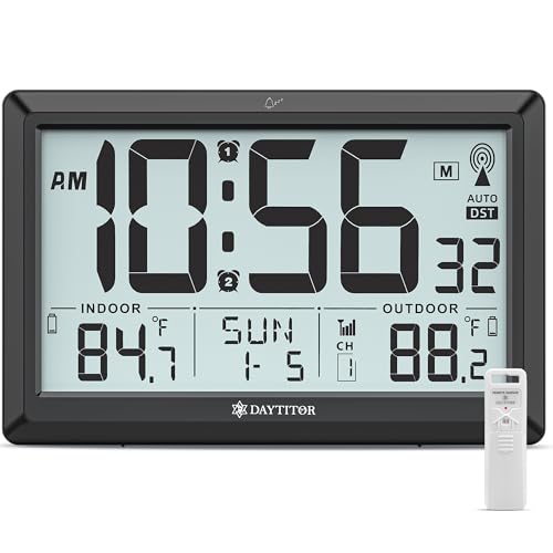 Atomic Clock Wall with Indoor/Outdoor Temp Battery Operated Digital Wall Clock with 10.5 Large LCD Display 330ft Range Desk Table Clock with Alarm DST Calendar for Living Room Bedrooms Black