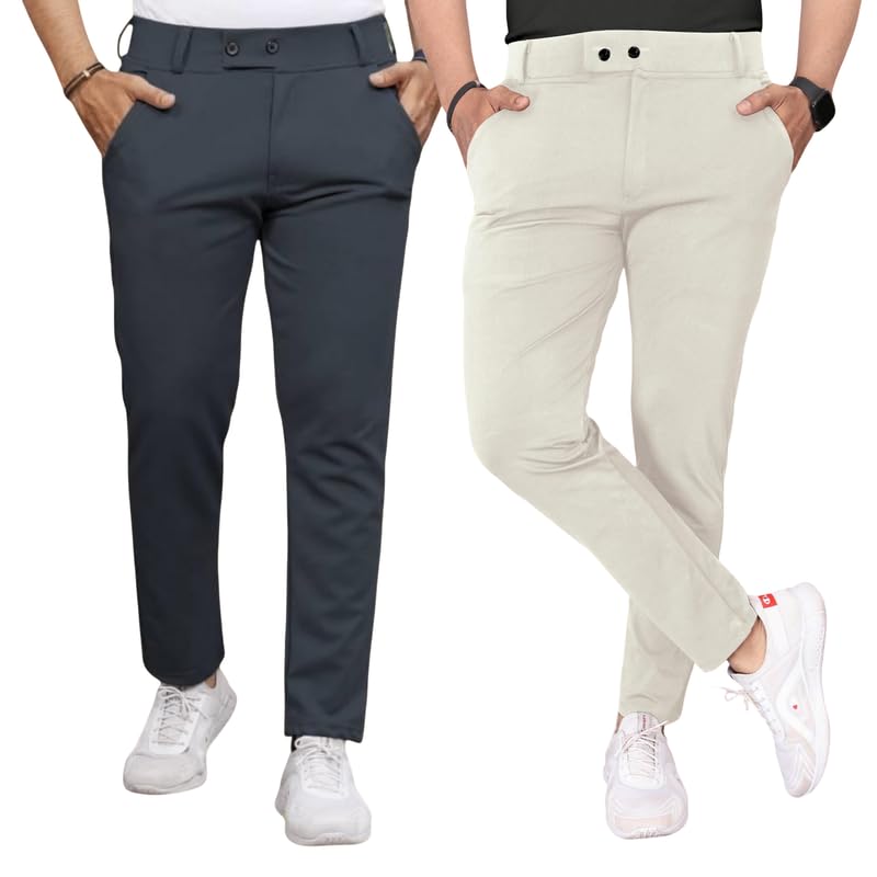Image of Men Fit Stretch Trousers with Side Pockets | 2-Button Closure | Soft Lycra Blend for Casual & Formal Use
