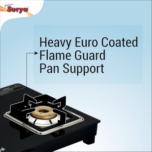 Image of Golden Surya 2 Burner Toughened Glass Gas Stove (CXJ-22 MS Pride) | Heavy Forged Brass | Manual Ignition | ISI Certified | 18 Months Warranty