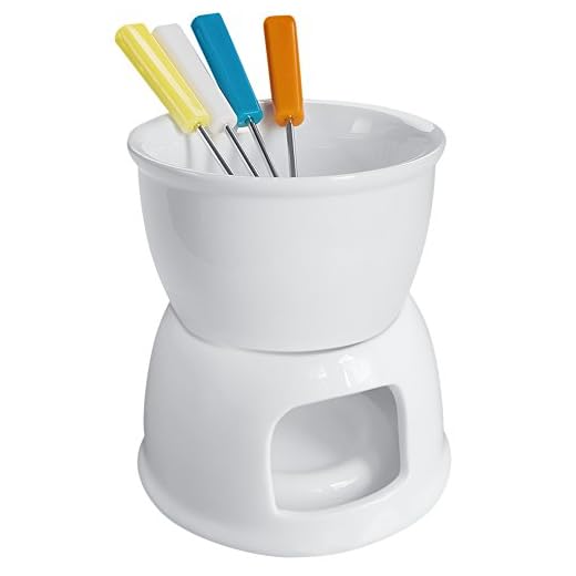 Tebery Fondue Set with 4 Color Forks, Premium Tea Light Porcelain Melting Pot for Cheese, Chocolate and Tapas - White