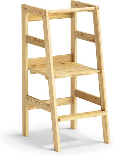 Bellabino Milo Lernturm für Kinder Natur, 3-Fach höhenverstellbar, Montessori Lernturm ab 1 Jahr aus Kiefer Massivholz, Küchenhelfer für Kinder Trittschemel