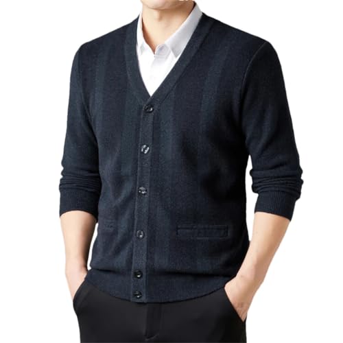 Men Business Casual Sweater Striped Warm V-Neck Sweater Cardigan with Single-Breasted Buttons