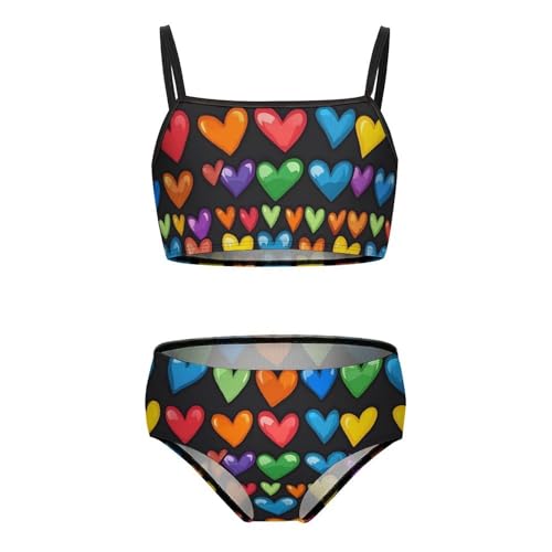 Rainbow Love Heart Print Girls Swimsuits Two Piece Bikini Sets Beach Sport Swimwear Bathing Suit
