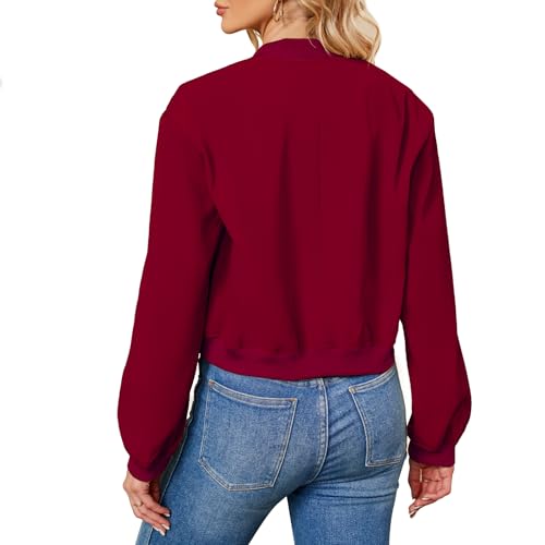 Zando Short Bomber Jacket Women Cropped Jacket Button Down Bomber Jackets for Women Casual Jackets with Pockets Long Sleeve Baseball Jacket Womens Varsity Jacket Outwear Ladies Jackets Red M
