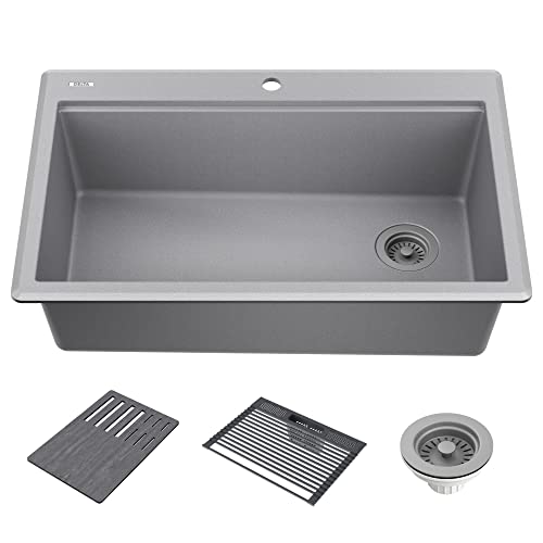 DELTA FAUCET DELTA Everest 33-inch Granite Composite Workstation Kitchen Sink Drop-In Top Mount Single Bowl with WorkFlow Ledge and Accessories in Dark Grey, 75A933-33S-DG