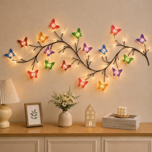 Image of P SEVEN Cherry Blossom LED String Lights, Butterfly Vine Wall LED Decor with Remote Control, USB Powered, DIY Indoor Decoration Illuminated Artificial Twig Garland(Butterfly LED Wall Decor Lights)