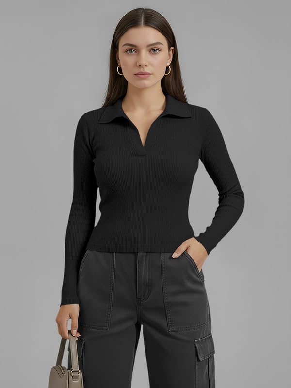 Image of Dream Beauty Fashion Women's Collared Neck Long Sleeve Slim Fit Casual Tee Top for Woman