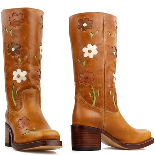 Women's Knee High Square Toe Chunky Heel Tall Boots for Women Fashion Wide Calf Riding Boots Trendy Flower Booties3