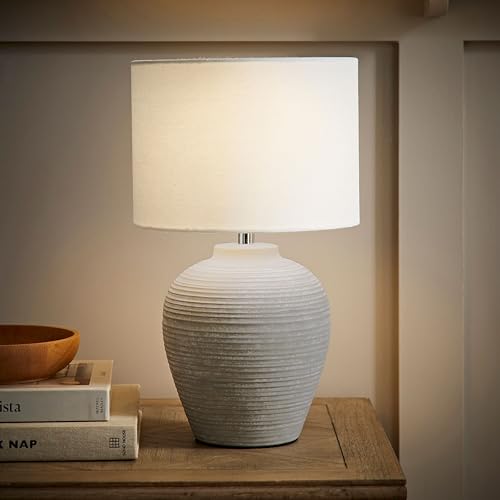 ValueLights | Reid Linen Drum Lamp Shade Stone Grey Ribbed Ceramic Small Table Lamp with Bulb | Table Lamps, Home Décor & Improvement Essential | Light Bulb Included