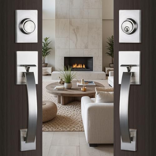 Image of NEWBANG Silver Double Doors Handle Lock Set for Front & Entry Door - Satin Nickel Finish,MDHST2017SN-SET-BR