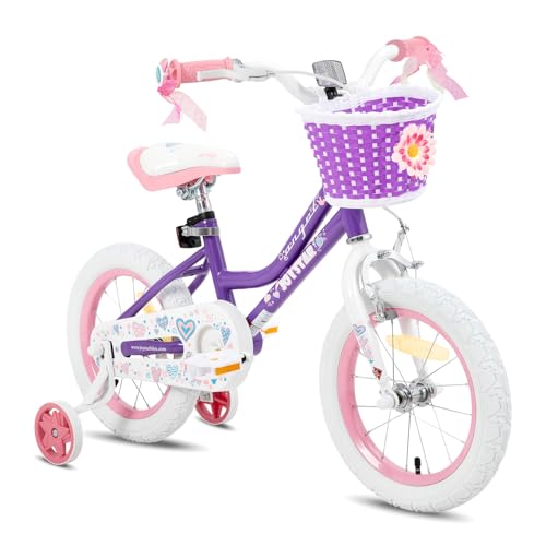 JOYSTAR Fairy, Bicicleta Infantil de 14 Pulgadas para niñas de 3 a 5 años, Bicicleta para niñas de 14 Pulgadas con Ruedas de Apoyo y Cesta, Morada