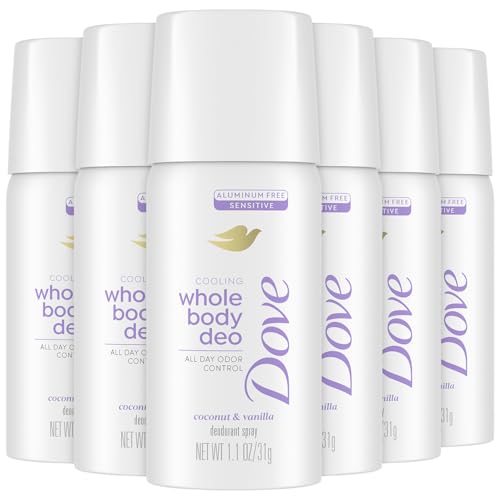 Dove Whole Body Deo Spray, Coconut & Vanilla 6-Pack –?Travel-Size Deodorant for Women, 72H Protection, Sensitive Formula, 1.1 Oz Ea