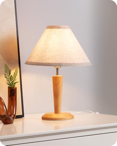EDISHINE Tischlampe aus Holz, LED Nachttischlampe mit Lampenschirm aus Leinen, E27 Fassung, 2700K Vintage Tischleuchte für Wohnzimmer, Schlafzimmer & Büro, inkl. 4W Leuchtmittel, 34cm