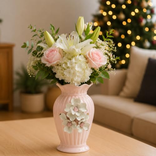 Image of MARKET 99 Pink Ceramic Decorative Vase | Glossy Flared Rim Embossed Leaf Pattern Flower Vase | Elegant Tabletop Accent for Fresh Flowers, Artificial Stems, Home, Office & Shelf Decor