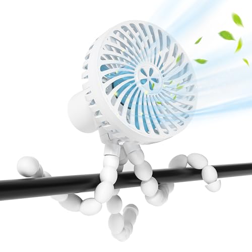 Image of Stroller Fan Portable Fan, Personal Fan with Flexible Tripod Clip-on for Baby, USB Hand Held Fan for Stroller, Rechargeable Desk Fan Cooling Fan for Travel, Car Seat, Camping, and Bedroom, White