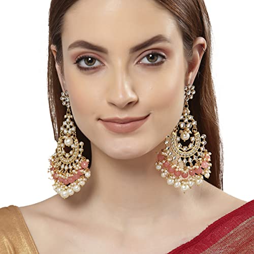 Image of Karatcart Gold Plated Pink Meena Lotus Design Kundan Dangler Earrings for Women (color may slightly vary due to photographic effect)