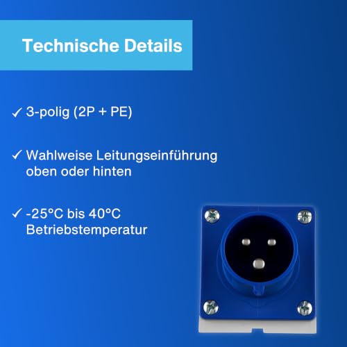 REV Caravan CEE-Stecker Wand 230V, 3-polig, 1Ph + N+ PE, IP44, blau – Ansicht 3