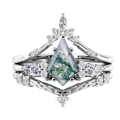 Jelafu Natural Moss Agate Rings Set for Women White Gold Plated Sterling Silver Kite Cut Engagement Wedding Ring for Women Wife Vintage Moss Agate Bridal 3 Rings Set Size 10.5